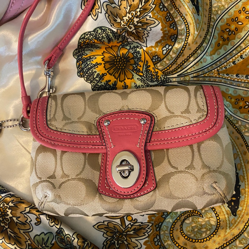 Coach Beige Signature Canvas Wristlet with Pink Trim  legacy turn lock